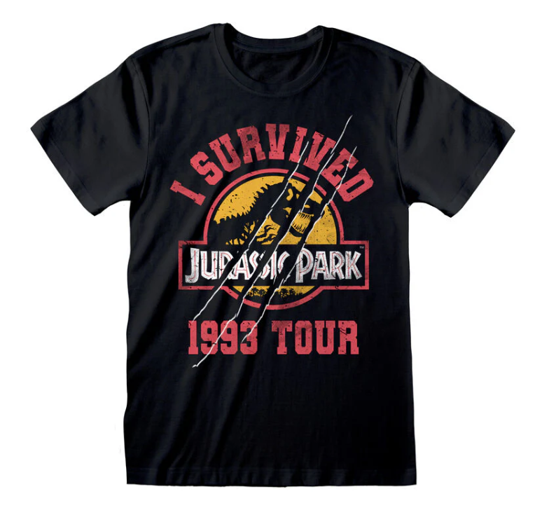 Black t-shirt with 'I Survived Jurassic Park 1993 Tour' graphic design on a white background