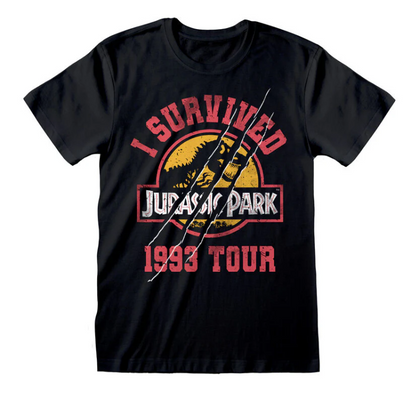 Black t-shirt with 'I Survived Jurassic Park 1993 Tour' graphic design on a white background