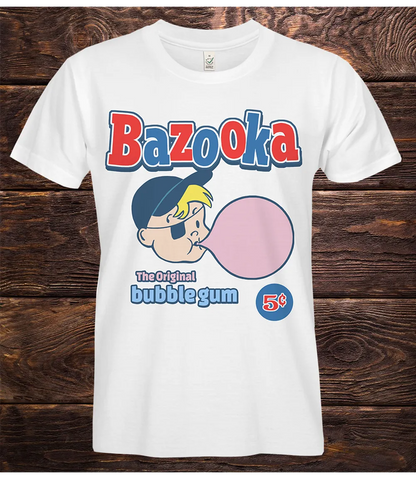 White t-shirt with Bazooka bubble gum graphic on a wooden background
