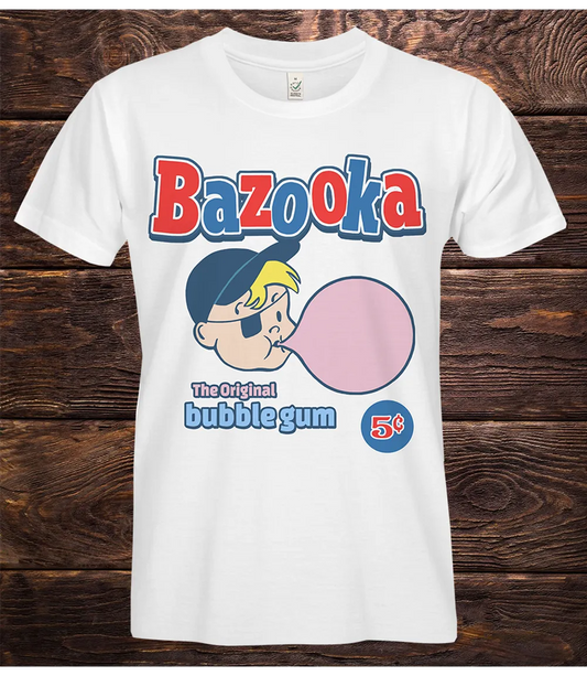 White t-shirt with Bazooka bubble gum graphic on a wooden background