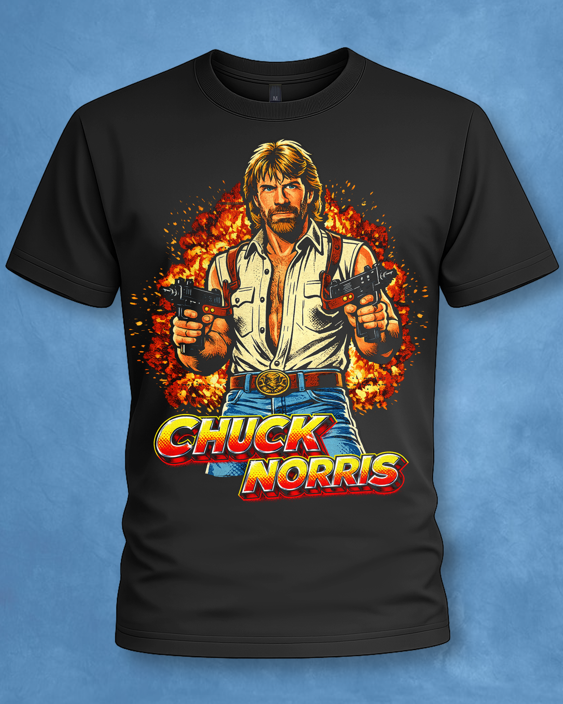 Black t-shirt with Chuck Norris graphic design on a blue background
