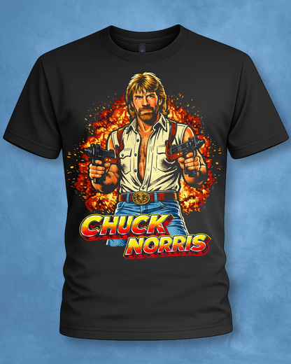 Black t-shirt with Chuck Norris graphic design on a blue background