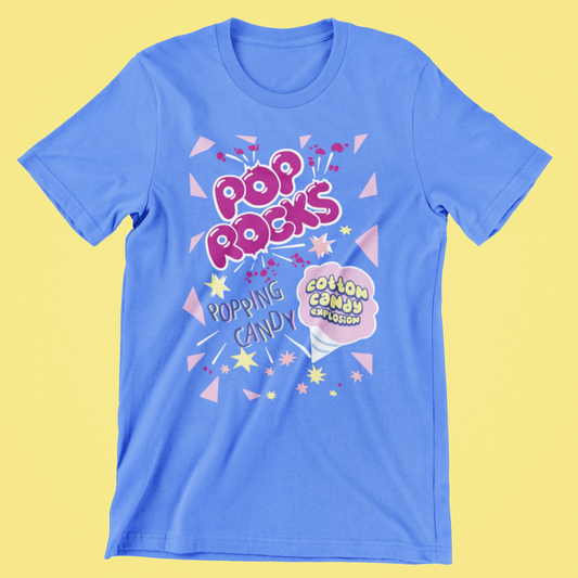 Blue t-shirt with Pop Rocks popping candy, cotton candy explosion graphic on a yellow background