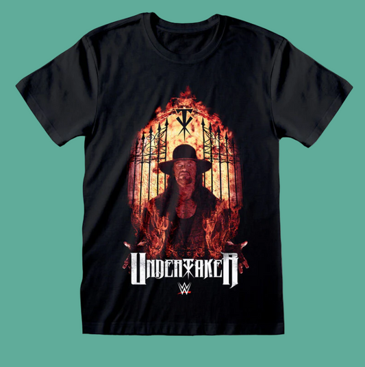 Black t-shirt with a graphic design featuring WWE Undertaker in a hat and text 