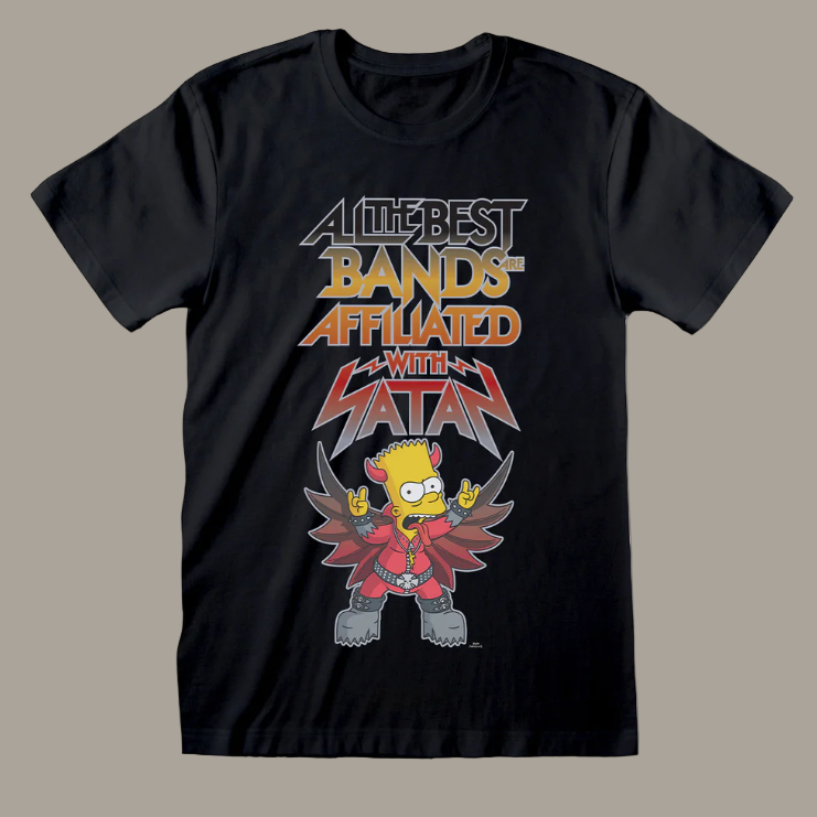 Black t-shirt with The Simpsons Bart graphic design featuring a character and All The Best Bands Are Affiliated With Satan text