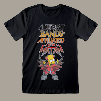 Black t-shirt with The Simpsons Bart graphic design featuring a character and All The Best Bands Are Affiliated With Satan text
