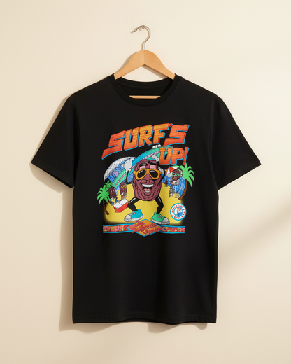 California Raisins men’s black T-shirt with colourful retro Surf’s Up graphic