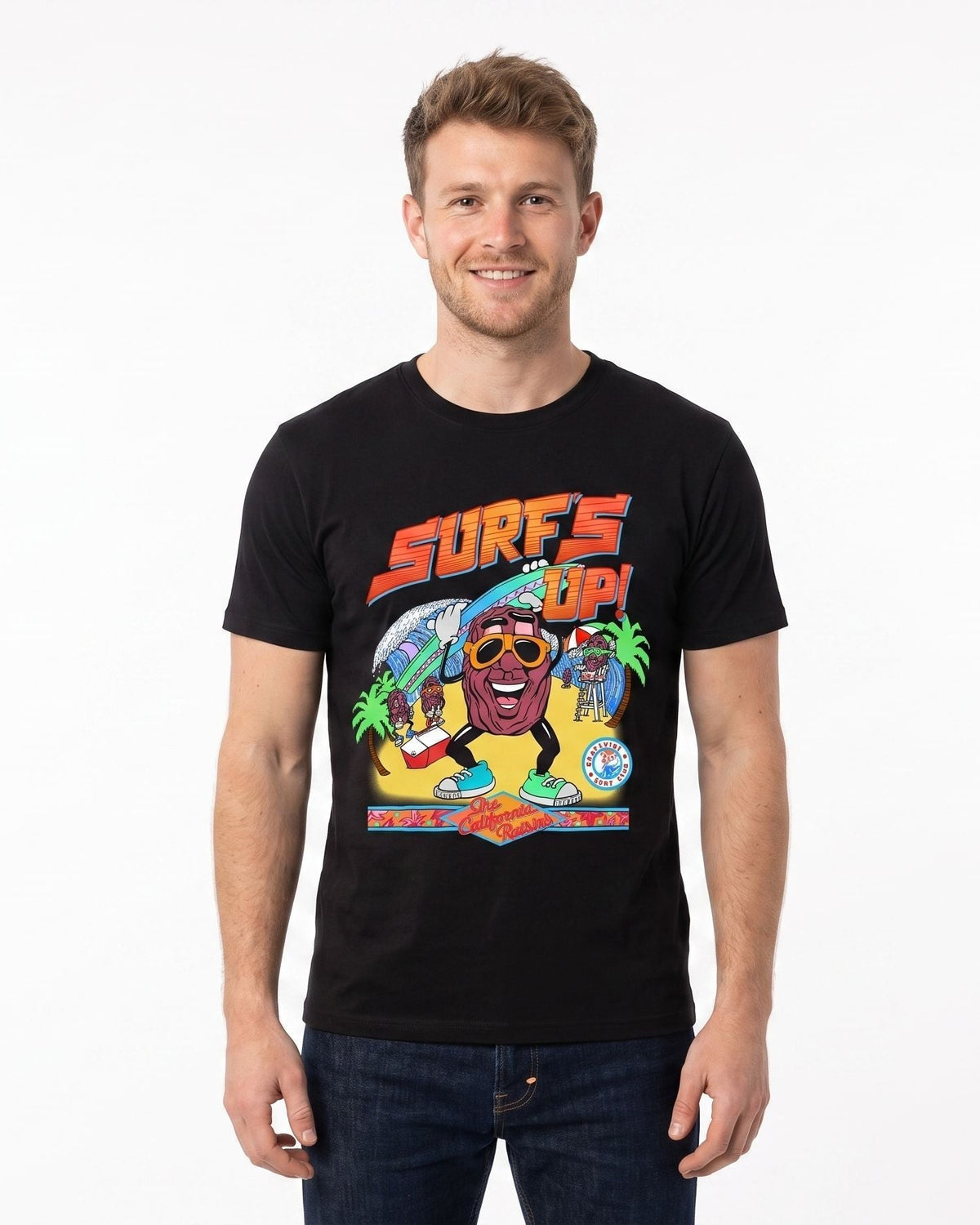 Men’s black California Raisins retro T-shirt shown worn