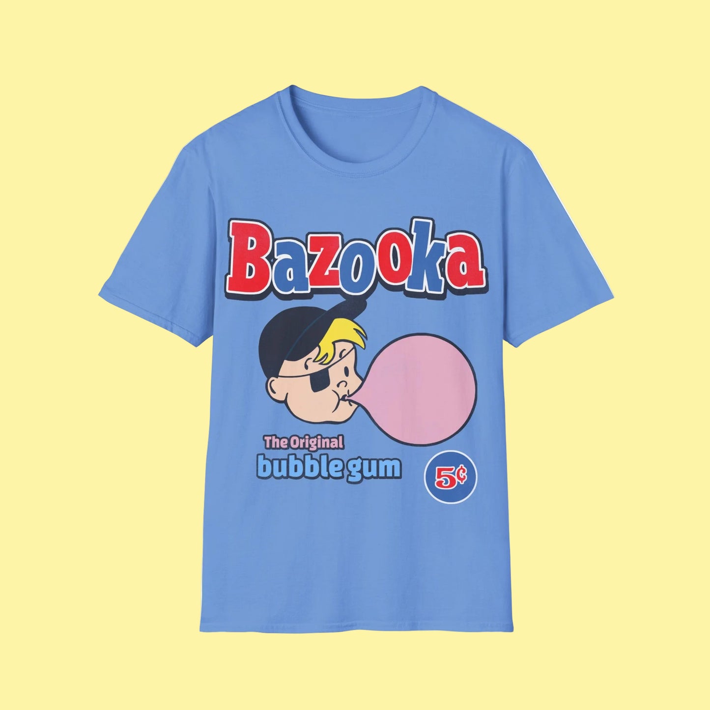 Blue t-shirt with Bazooka bubble gum graphic , retro nostalgic design