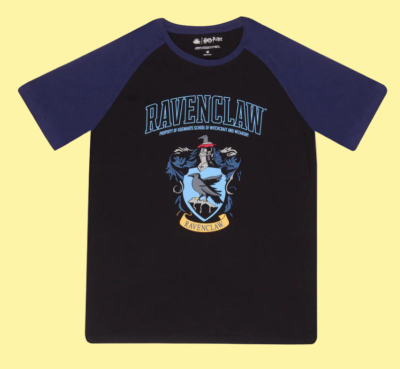 Harry Potter Black t-shirt with blue sleeves featuring the Ravenclaw crest and text on a yellow background