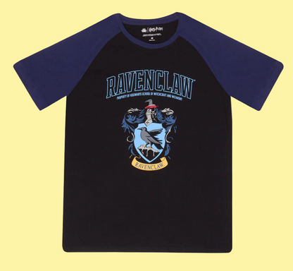 Harry Potter Black t-shirt with blue sleeves featuring the Ravenclaw crest and text on a yellow background
