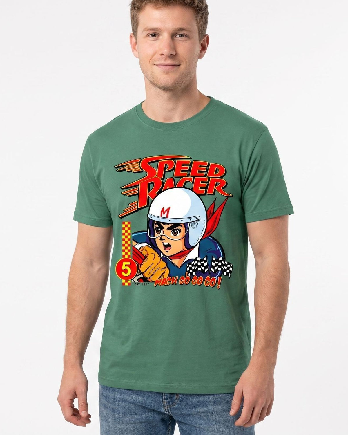 Men’s Sage Green Classic Speed Racer retro racing T-shirt shown wor
