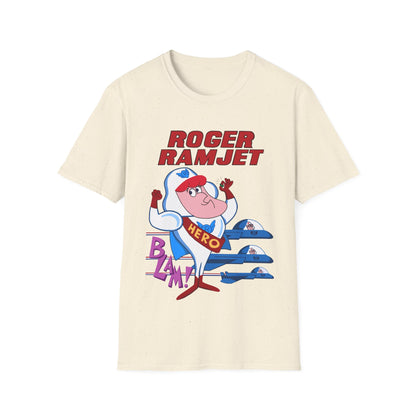 T-shirt with 'Roger Ramjet' graphic design on a beige background
