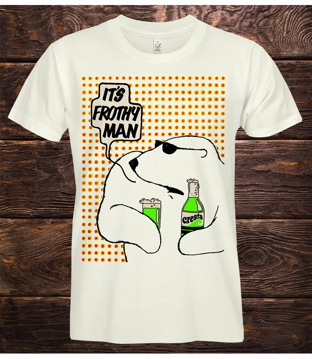 White t-shirt with a graphic design of a polar bear holding a Cresta bottle and text It's Frothy Man on a wooden background
