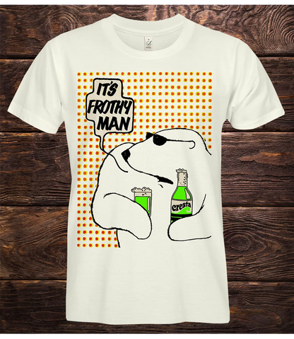 White t-shirt with a graphic design of a polar bear holding a Cresta bottle and text It's Frothy Man on a wooden background