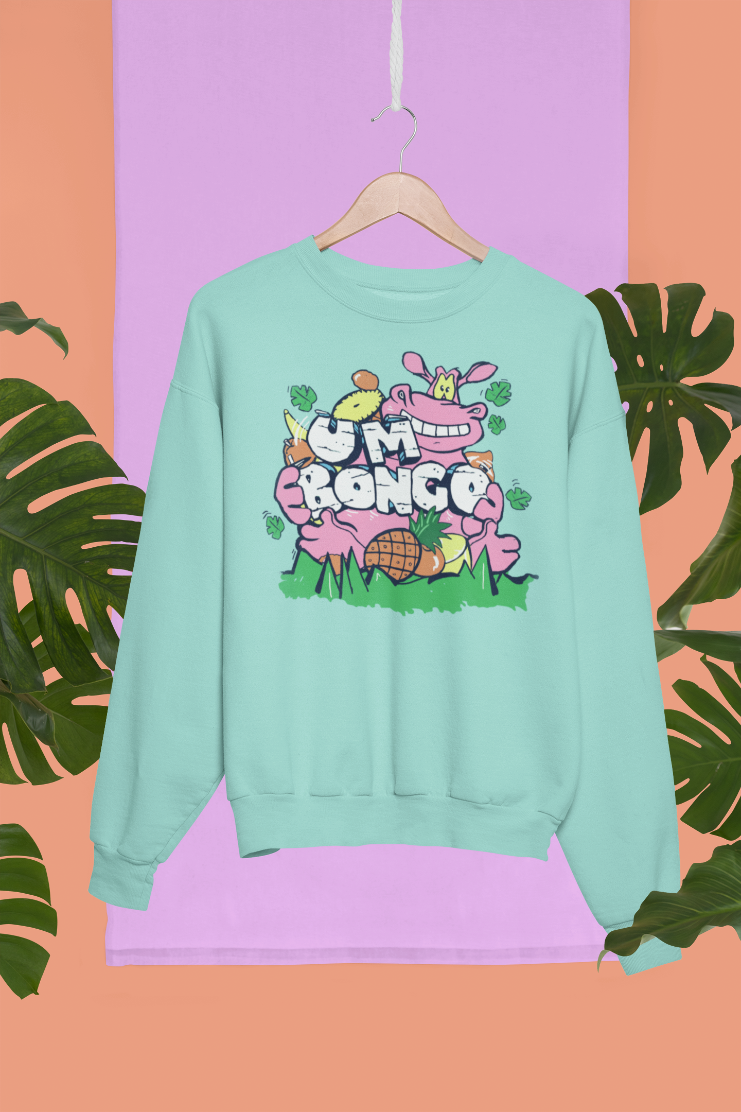 Peppermint long sleeve sweatshirt with a colourful Um Bongo Hippo design and logo