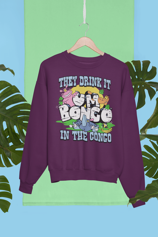 Purple sweatshirt with colourful Um Bongo animals design and Logo, They Drink It In The Congo around the design