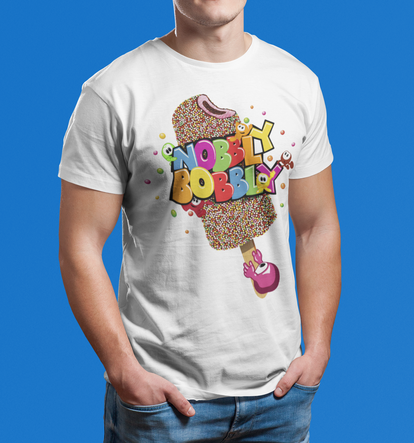 Person wearing a short sleeve white t-shirt with colourful Retro graphic design of the Ice Cream Van favourite Nobbly Bobbly Ice Lolly with the bobble characters