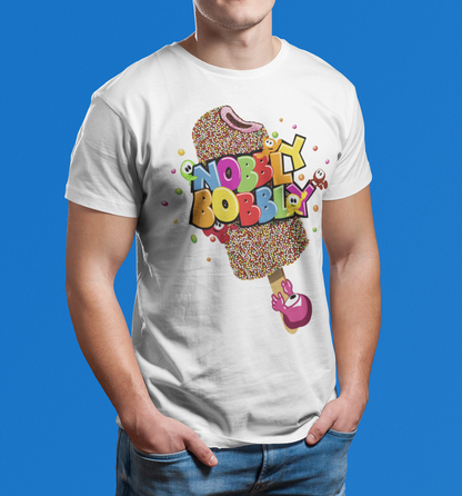 Person wearing a short sleeve white t-shirt with colourful Retro graphic design of the Ice Cream Van favourite Nobbly Bobbly Ice Lolly with the bobble characters