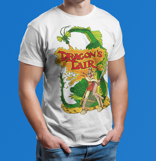 Person wearing a short sleeve white t-shirt with a retro 80s arcade video game 'Dragon's Lair' graphic design 