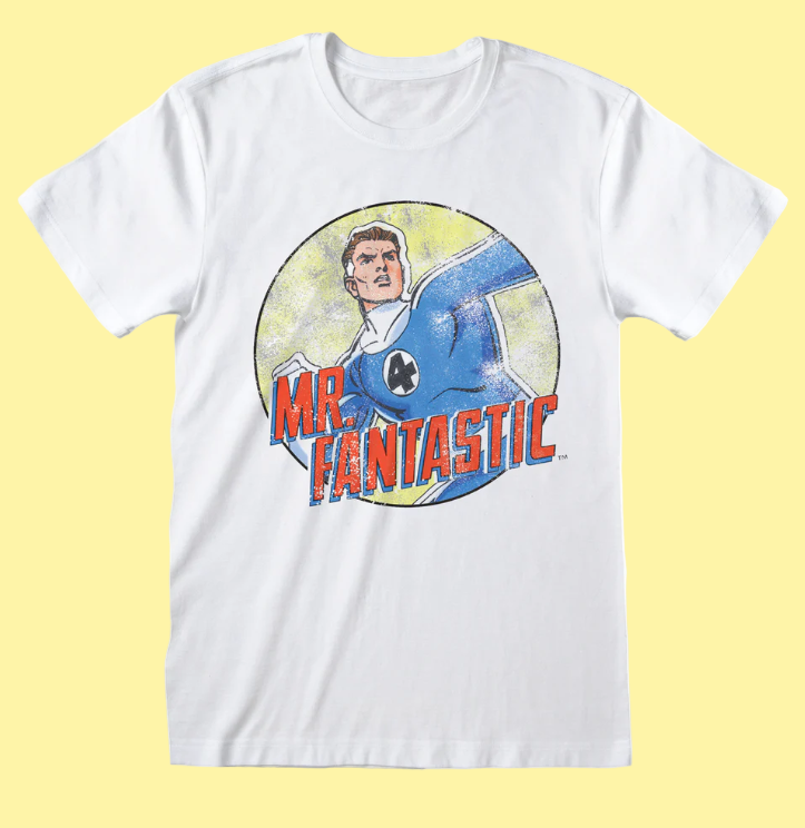 White t-shirt with 'Mr. Fantastic' graphic design on a white background