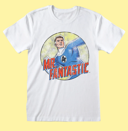 White t-shirt with 'Mr. Fantastic' graphic design on a white background