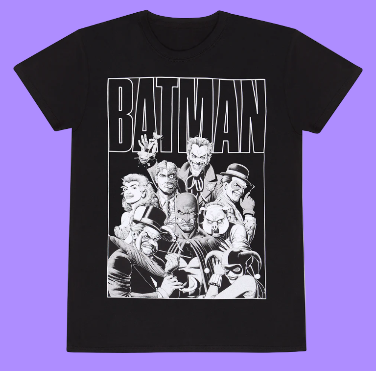 Black t-shirt with white graphic design of Batman and villains on a white background