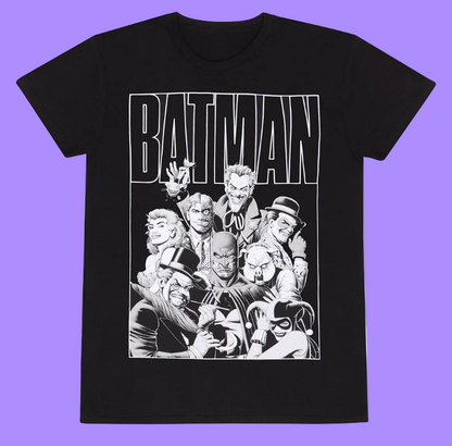 Black t-shirt with white graphic design of Batman and villains on a white background
