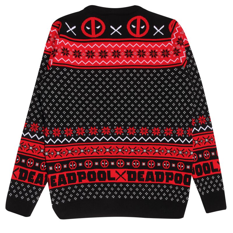 Black sweater with red and white patterns featuring the Deadpool logo and text.