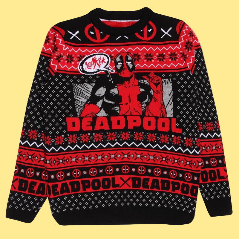 Deadpool-themed knit sweater with red and black design