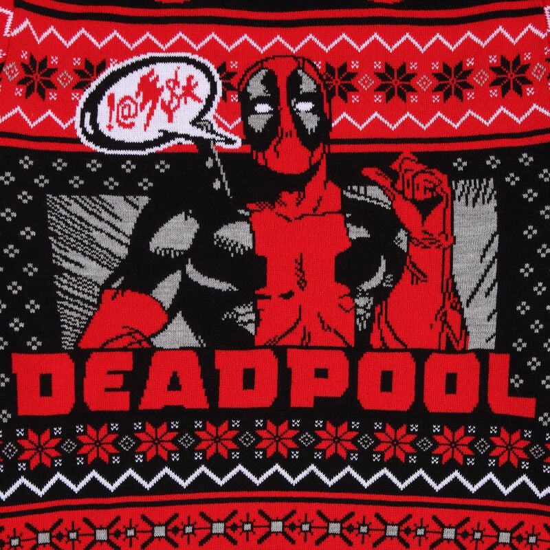 Deadpool character on a red and black patterned background with 'DEADPOOL' text.