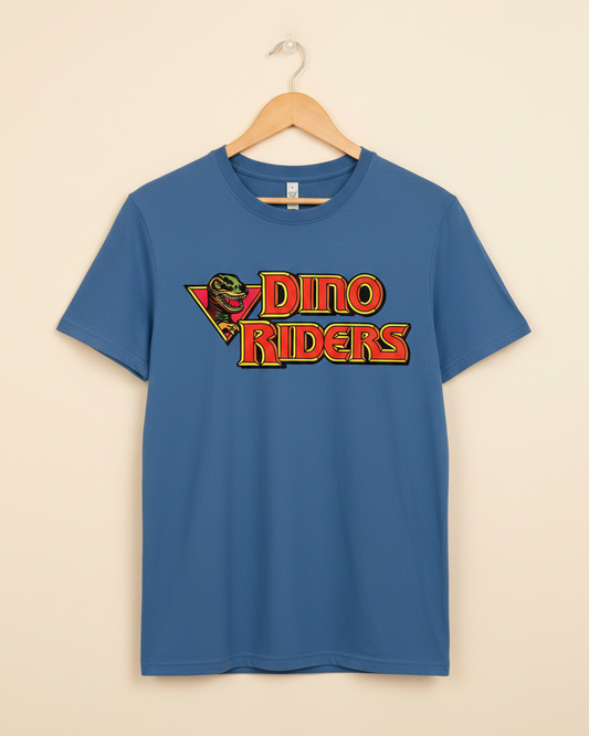 Dino Riders men’s Faded Denim T-shirt with bold retro dinosaur cartoon logo