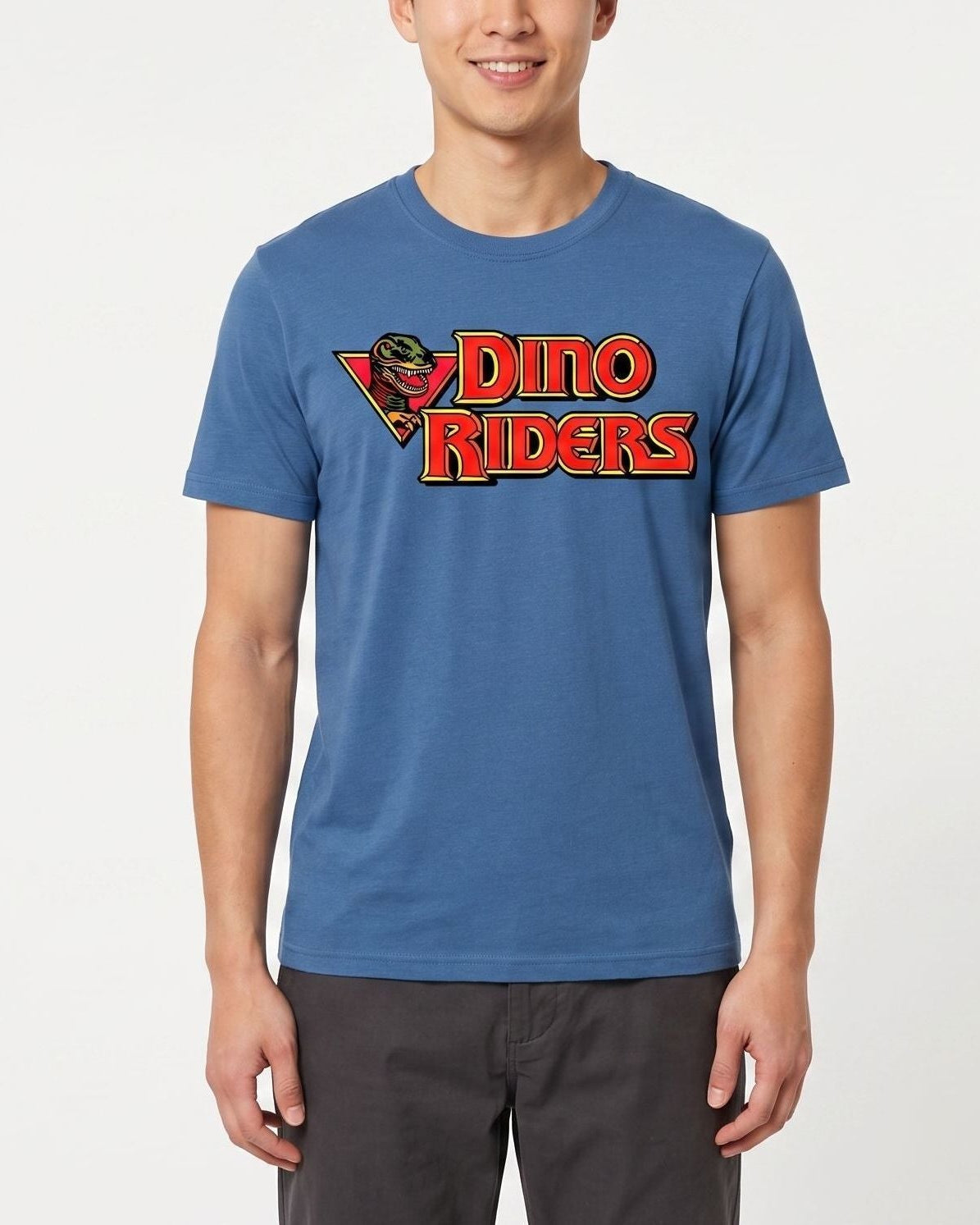 Men’s Faded Denim Dino Riders retro cartoon T-shirt shown worn