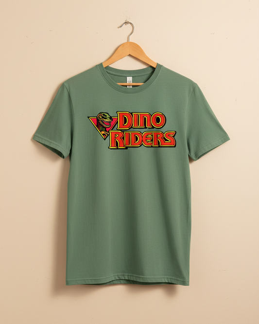 Dino Riders men’s Sage Green T-shirt with colourful retro dinosaur cartoon logo