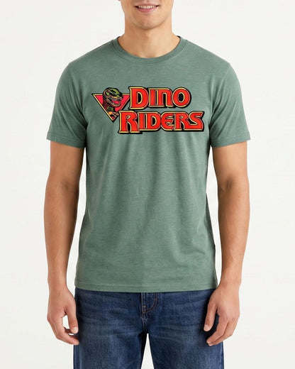 Men’s Sage Green Dino Riders retro cartoon T-shirt shown worn