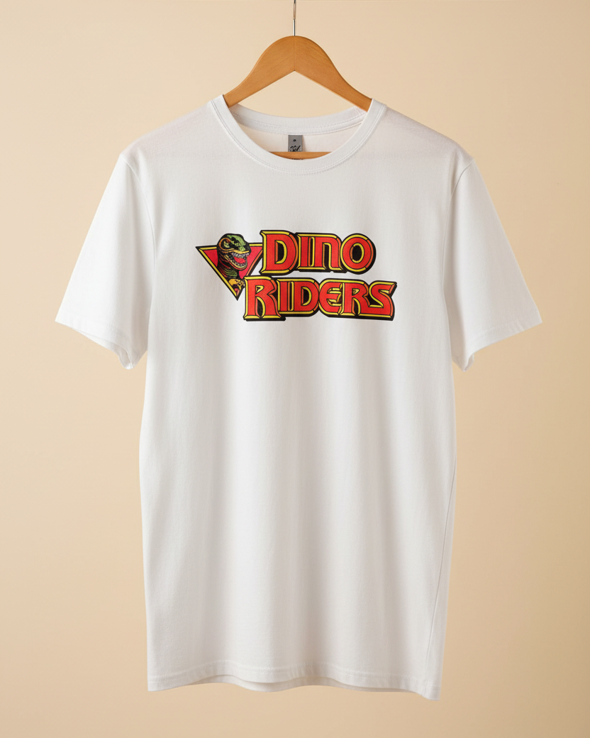 Dino Riders men’s white T-shirt with bold retro dinosaur cartoon logo