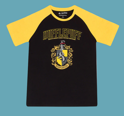 Harry Potter Black and yellow Hufflepuff t-shirt with crest on a white background