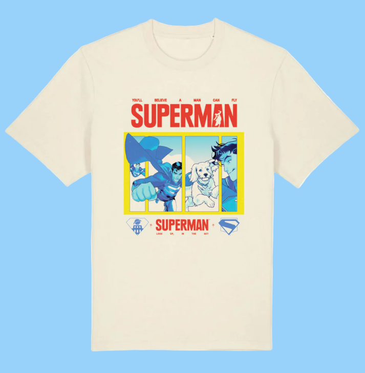 Beige/Natural t-shirt with Superman graphic design on a blue background