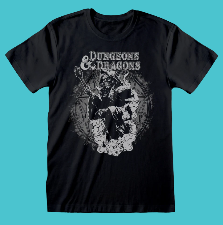 Black t-shirt with Dungeons & Dragons graphic design on a white background