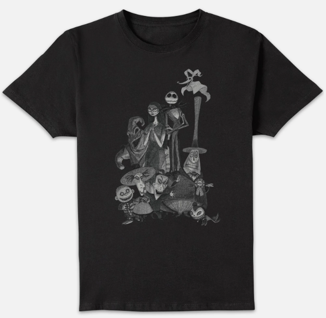 A black short-sleeve crewneck t-shirt featuring a detailed grayscale graphic print of Jack Skellington and his friends from The Nightmare Before Christmas on the front, displayed against a light gray background.