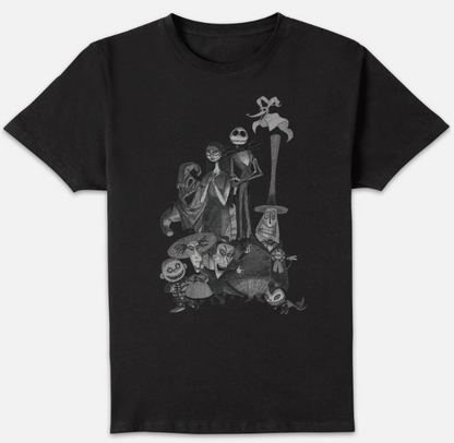 A black short-sleeve crewneck t-shirt featuring a detailed grayscale graphic print of Jack Skellington and his friends from The Nightmare Before Christmas on the front, displayed against a light gray background.