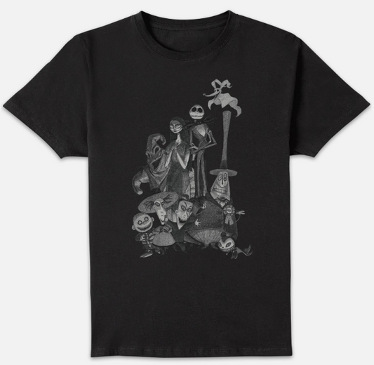A black short-sleeve crewneck t-shirt featuring a detailed grayscale graphic print of Jack Skellington and his friends from The Nightmare Before Christmas on the front, displayed against a light gray background.