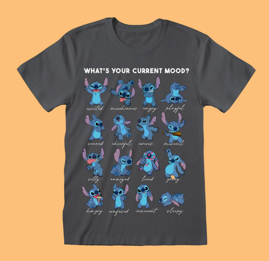 Grey t-shirt with animated Disney Stitch character and mood expressions on a orange background
