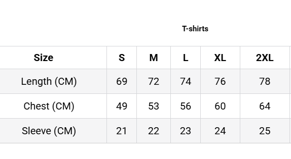 Table of  t-shirt size chart with measurements in centimeters.