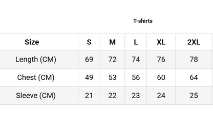 Table of  t-shirt size chart with measurements in centimeters.