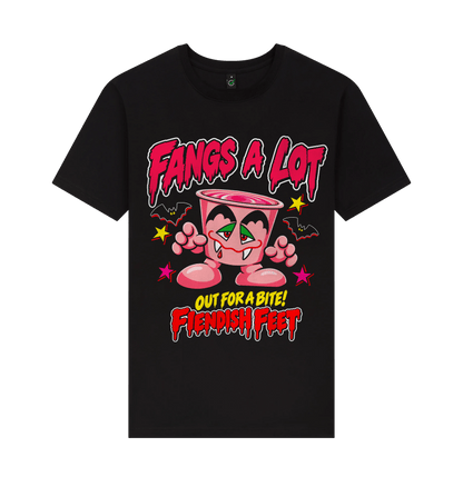 A black short-sleeve crewneck t-shirt featuring a colorful graphic print of a cartoon pink vampire yoghurt pot character with the text 'FANGS A LOT OUT FOR A BITE! 