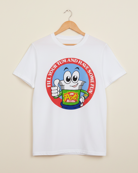 Fill Your Tum retro noodle pot men’s white T-shirt with colourful vintage food graphic