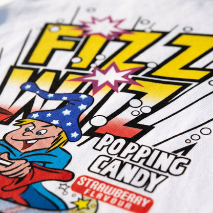 Close-up of colourful Fizz Wiz Popping Candy retro graphic on white T-shirt