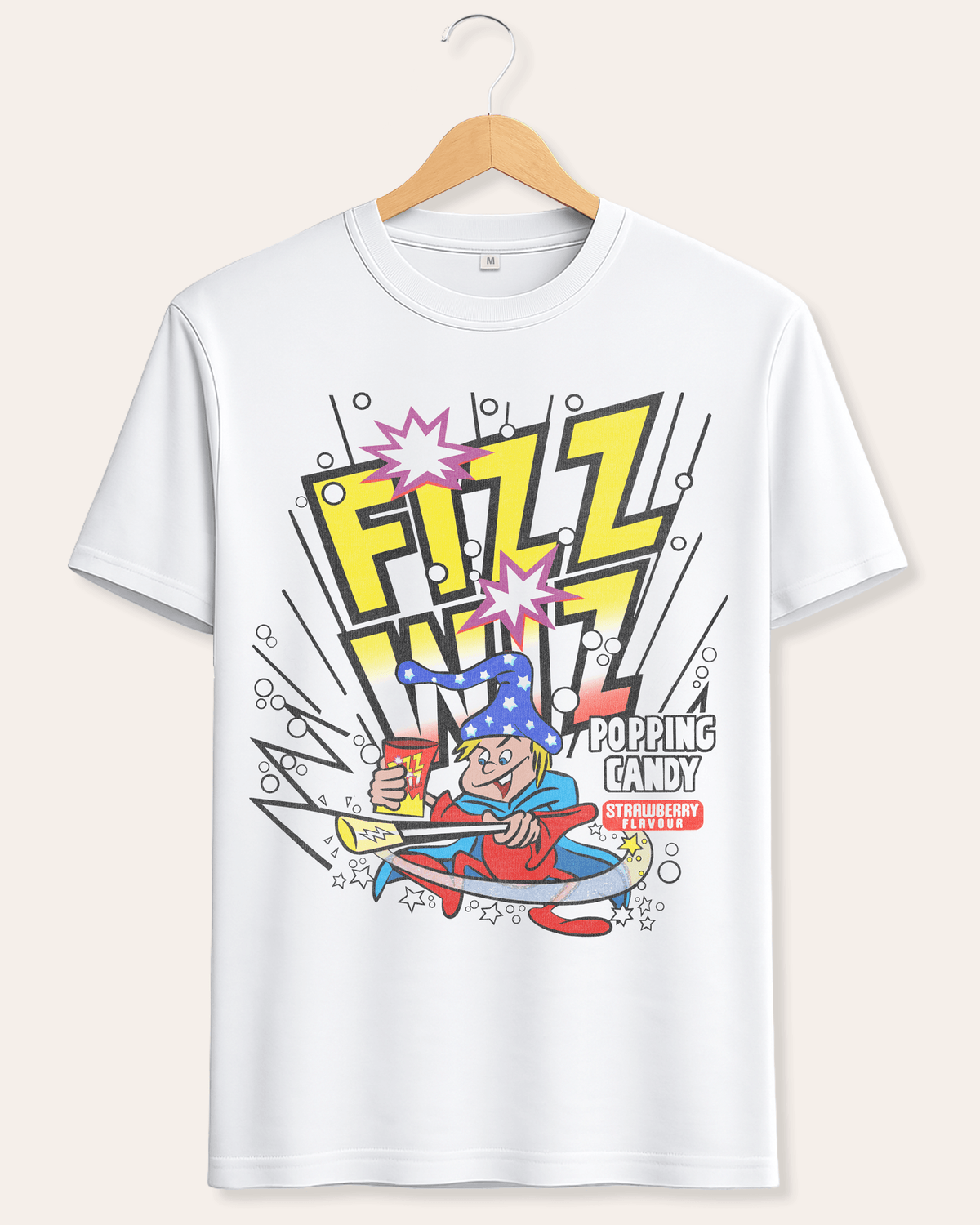 Fizz Wiz Popping Candy women’s white T-shirt with colourful retro sweet-shop graphic