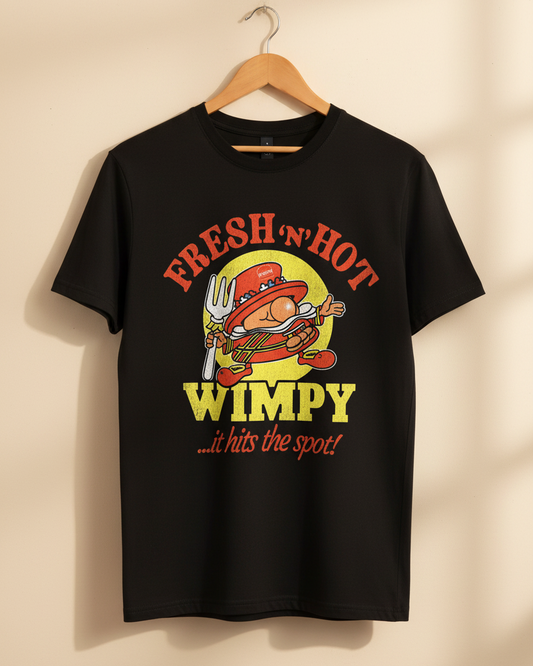Fresh n Hot Wimpy men’s black T-shirt with colourful retro fast-food graphic